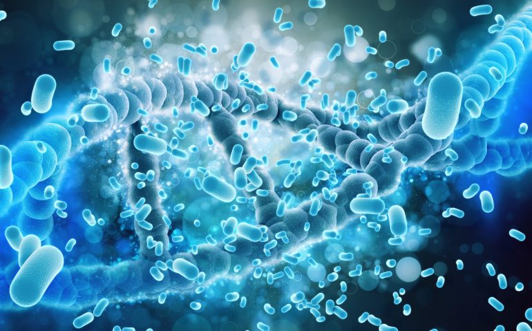 3D render of a medical background with DNA strands being attacked by virus cells